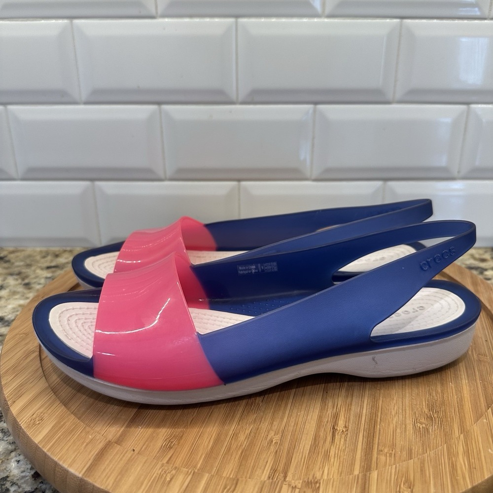 Crocs Colorblock Sling Back Flat Sandal Jelly Womens 9 Pink Blue Twee Preppy